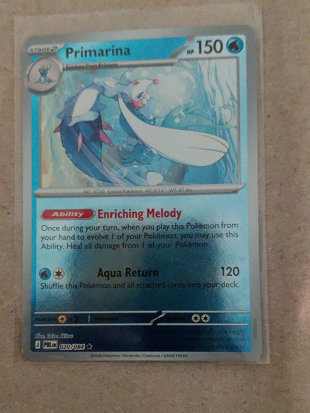 Primarina Holographic Pokémon Card - Blue